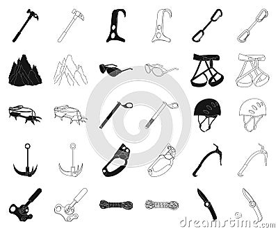Mountaineering and climbing black,outline icons in set collection for design. Equipment and accessories vector symbol Vector Illustration