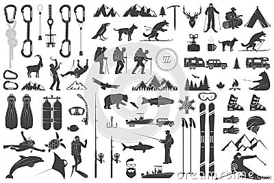 Mountaineering, hiking, climbing, fishing, skiing and other adventure icons. Vector Illustration