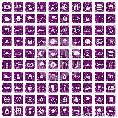 100 mountaineering icons set grunge purple Vector Illustration