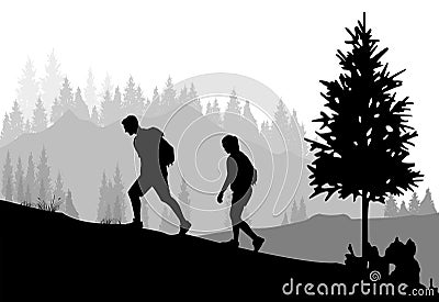 Mountaineering. Silhouettes of people climbing and hiking on forest background Vector Illustration