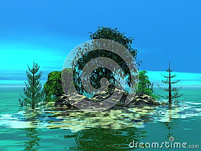 Mountainous little island with trees Cartoon Illustration