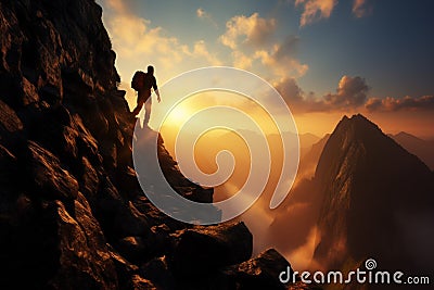 Mountainous triumph climber silhouette stands bold on rugged cliff rock Stock Photo