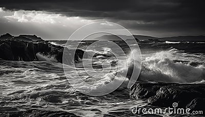 Mountainous waves crash against rocky coastline in dramatic monochrome motion generated by AI Stock Photo