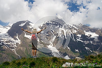 People in Mountains Victory, Tourist Hiking Backpacker Climbing, Tourism Concept Stock Photo