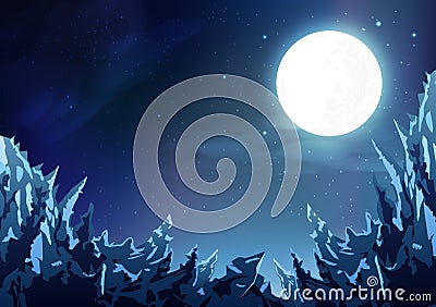 Mountains abstract background, ice panorama fantasy magic night cloudy sky scene with full moon, stars scatter on galaxy space Vector Illustration