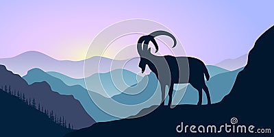 Mountains, alpine ibex and forest at sunrise. landscape with silhouettes Vector Illustration