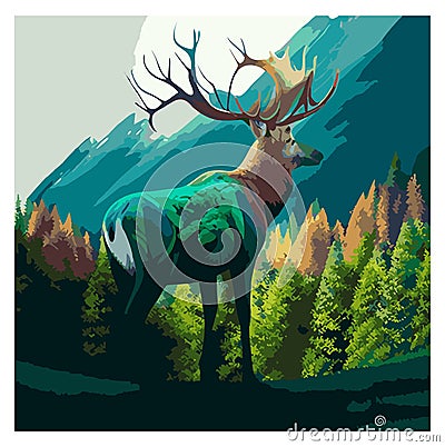 Mountains, alpine wild fallow deer and forest at sunrise Vector Illustration