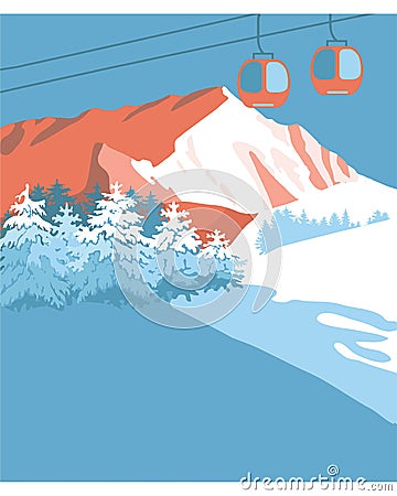 Mountains cableway background with spruces Vector Illustration