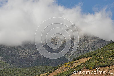 Mountains on the background of sky. Vertices covered with snow. Tourism Stock Photo