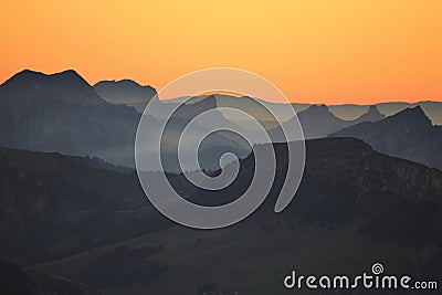 Mountains in the Bernese Oberland at sunset. View from Mount Niesen, Switzerland. Stock Photo
