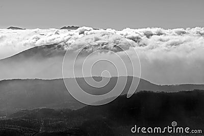 Mountains and clouds in black and white Stock Photo