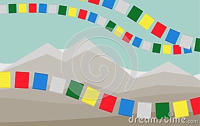 The Mountains with Colorful Tibetan Prayer Flags. Vector Illustration