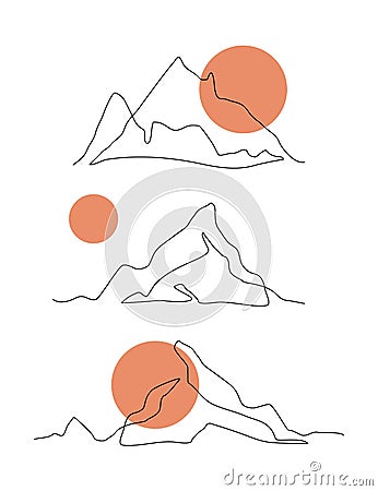 Mountains contour drawing, panoramic view. Simple one line nature illustration Vector Illustration