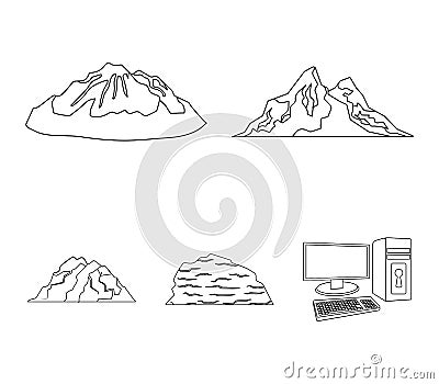 Mountains in the desert, a snowy peak, an island with a glacier, a snow-capped mountain. Different mountains set Vector Illustration