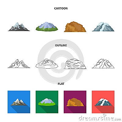 Mountains in the desert, a snowy peak, an island with a glacier, a snow-capped mountain. Different mountains set Vector Illustration