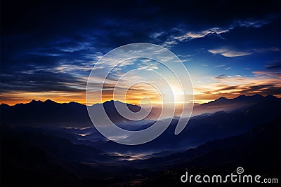 The mountains don a serene blue cloak in the evenings twilight Stock Photo