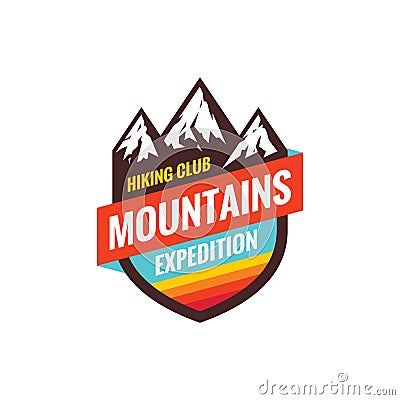 Mountains expedition - concept badge. Climbing logo in flat style. Extreme exploration sticker symbol. Camping & hiking creative Vector Illustration