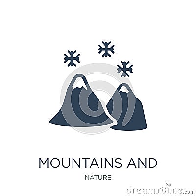 mountains and falling snowflakes icon in trendy design style. mountains and falling snowflakes icon isolated on white background. Vector Illustration