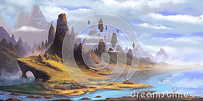 The Mountains. Fantasy Fiction Natural Backdrop. Concept Art. Stock Photo