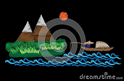 Mountains and fisherman is in a boat fishes with sun embroidery Vector Illustration