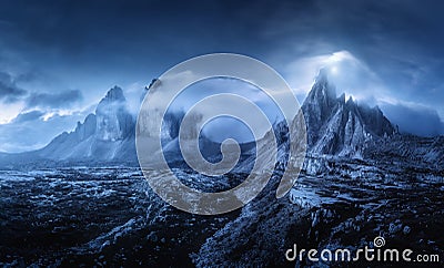 Mountains in fog at beautiful night. Dreamy landscape Stock Photo