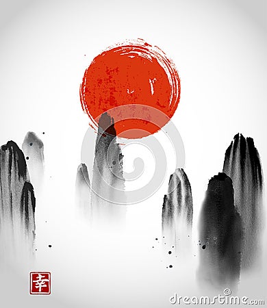 Mountains in fog and red sun hand drawn with ink on white background. Floating rocks. Traditional oriental ink painting Vector Illustration