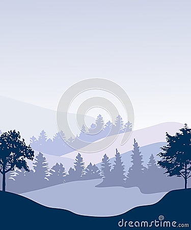 Mountains and forest. Wild nature landscape. Travel and adventure.Panorama. Into the woods. Vector Illustration