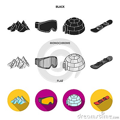 Mountains, goggles, an igloo, a snowboard. Ski resort set collection icons in black, flat, monochrome style vector Vector Illustration