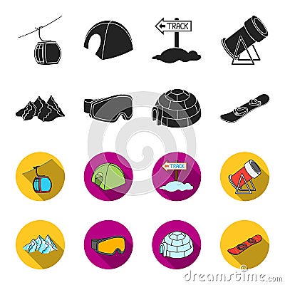 Mountains, goggles, an igloo, a snowboard. Ski resort set collection icons in black,flet style vector symbol stock Vector Illustration