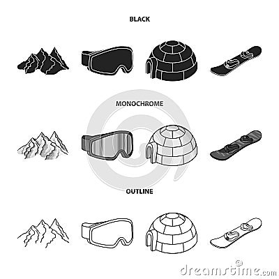 Mountains, goggles, an igloo, a snowboard. Ski resort set collection icons in black,monochrome,outline style vector Vector Illustration