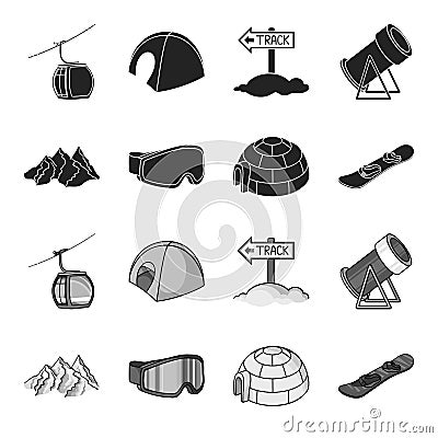 Mountains, goggles, an igloo, a snowboard. Ski resort set collection icons in black,monochrome style vector symbol stock Vector Illustration