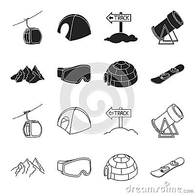 Mountains, goggles, an igloo, a snowboard. Ski resort set collection icons in black,outline style vector symbol stock Vector Illustration