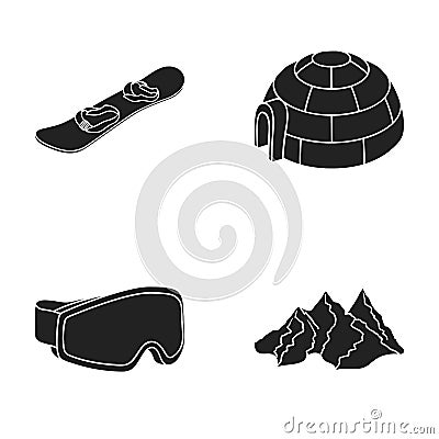 Mountains, goggles, an igloo, a snowboard. Ski resort set collection icons in black style vector symbol stock Vector Illustration