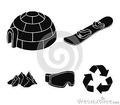 Mountains, goggles, an igloo, a snowboard. Ski resort set collection icons in black style vector symbol stock Vector Illustration