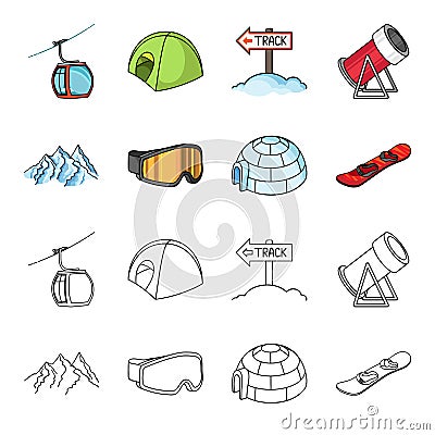 Mountains, goggles, an igloo, a snowboard. Ski resort set collection icons in cartoon,outline style vector symbol stock Vector Illustration