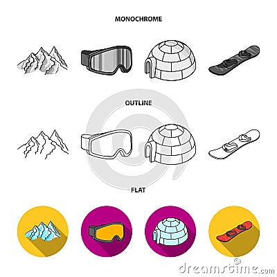 Mountains, goggles, an igloo, a snowboard. Ski resort set collection icons in flat,outline,monochrome style vector Vector Illustration