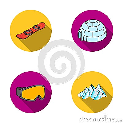 Mountains, goggles, an igloo, a snowboard. Ski resort set collection icons in flat style vector symbol stock Vector Illustration