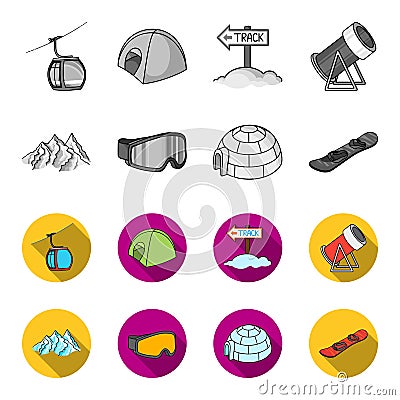 Mountains, goggles, an igloo, a snowboard. Ski resort set collection icons in monochrome,flat style vector symbol stock Vector Illustration