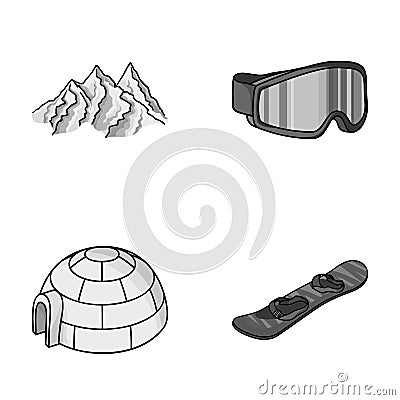 Mountains, goggles, an igloo, a snowboard. Ski resort set collection icons in monochrome style vector symbol stock Vector Illustration