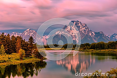 Mountains in Grand Teton National Park at sunrise. Oxbow Bend on the Snake River. Stock Photo