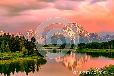 Mountains in Grand Teton National Park at sunrise. Oxbow Bend on the Snake River. Stock Photo