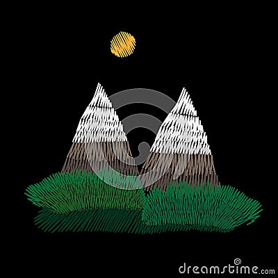 Mountains and green bushes embroidery stitches imitation Vector Illustration