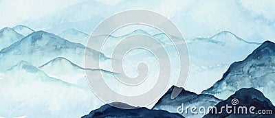 Mountains, hills watercolor landscape. Foggy cold peaks, rocks. Vertical nature view background in blue, neutral colors. Vector Illustration