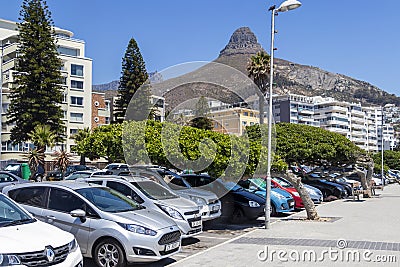 Mountains, hotels and parking cars at Sea Point Cape Town Editorial Stock Photo