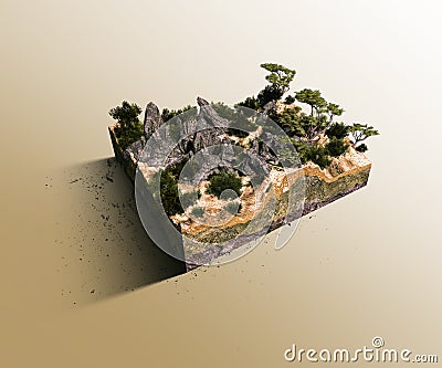 Mountains jungle cross section with earth land and green grass. Fantasy floating island with natural on the rock, surreal float Stock Photo
