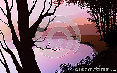 Mountains lake landscape silhouette tree horizon Landscape wallpaper Sunrise and sunset Illustration vector style colorful view Vector Illustration