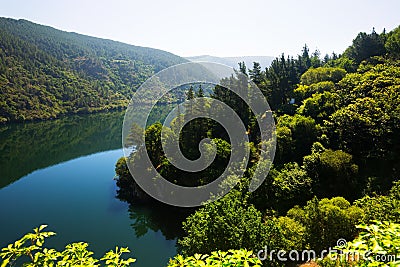 Mountains lake with steep foresty banks Stock Photo