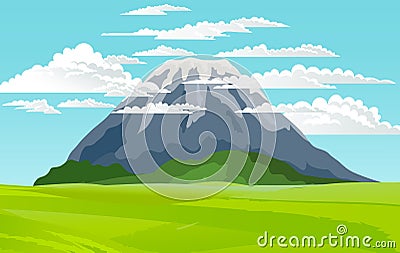 Mountains landscape, abstract lilac sunset panoramic view. Beautiful scenery with dormant volcano Vector Illustration