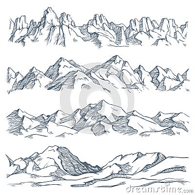 Mountains landscape engraving. Vintage hand drawn sketch of hiking or climbing on mountain. Nature highlands vector Vector Illustration