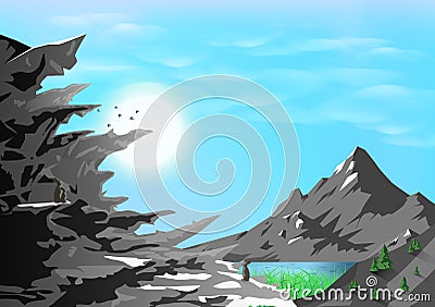 Mountains landscape, rocky silhouette with nature, animals and wildlife concept, poster adventure traveling, card abstract Vector Illustration